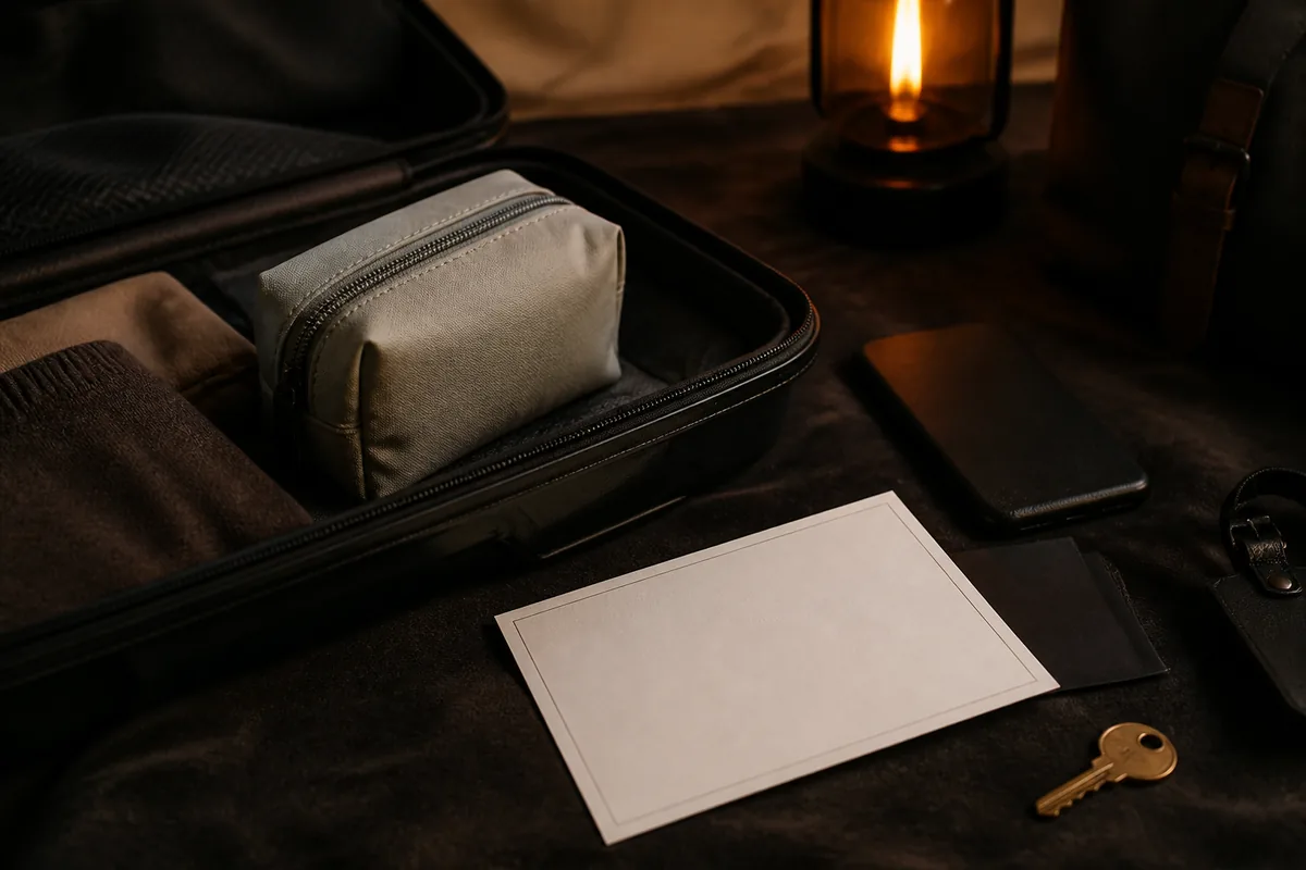 Travel checklist beside a small bag, phone and accessible key